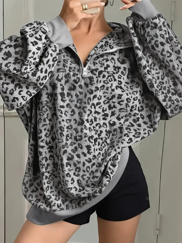 Leopard Corduroy Sweatshirt Streetwear Oversized Half Zip