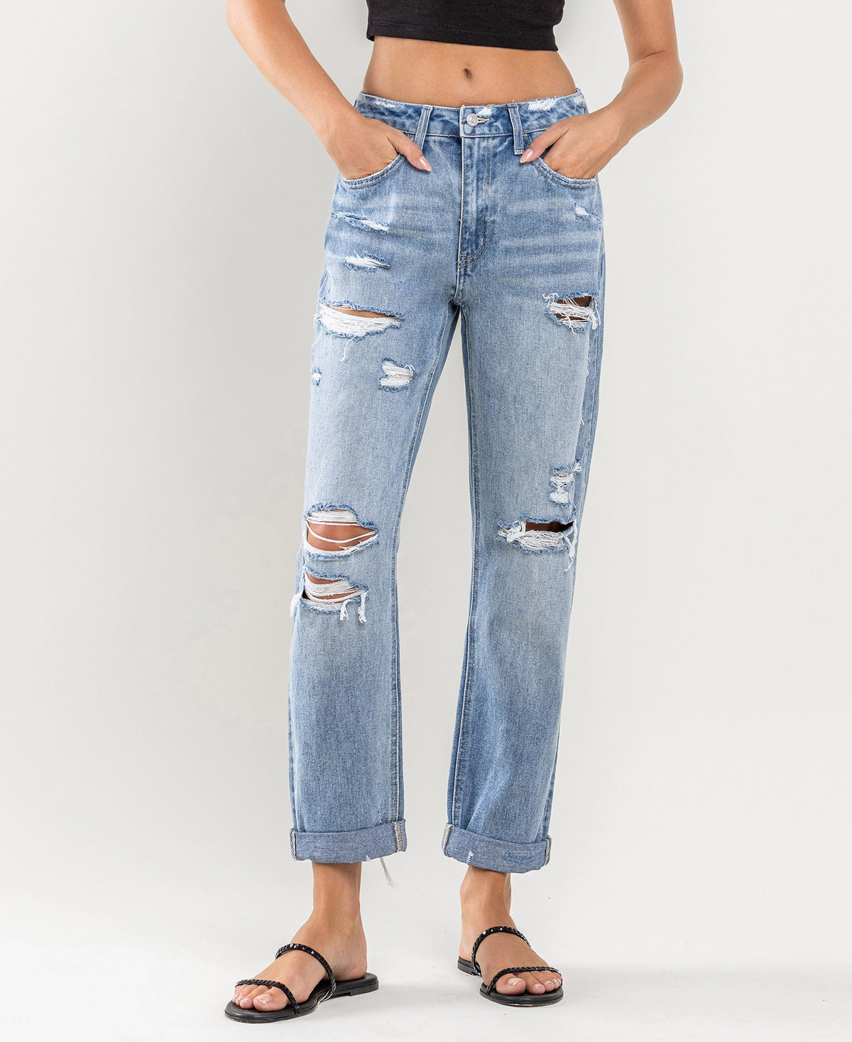 FLYING MONKEY High Rise Cuffed Boyfriend Jeans F4300
