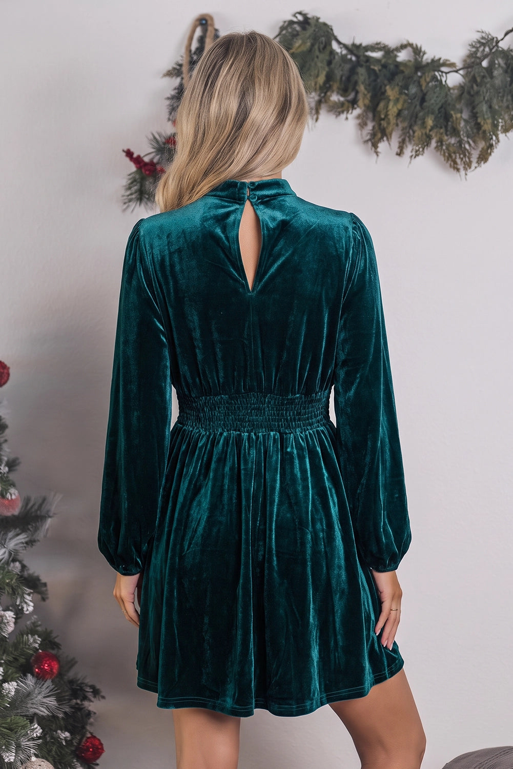 High Neck Keyhole Detail Long Sleeve Velvet Mini Dress