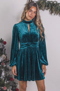 High Neck Keyhole Detail Long Sleeve Velvet Mini Dress