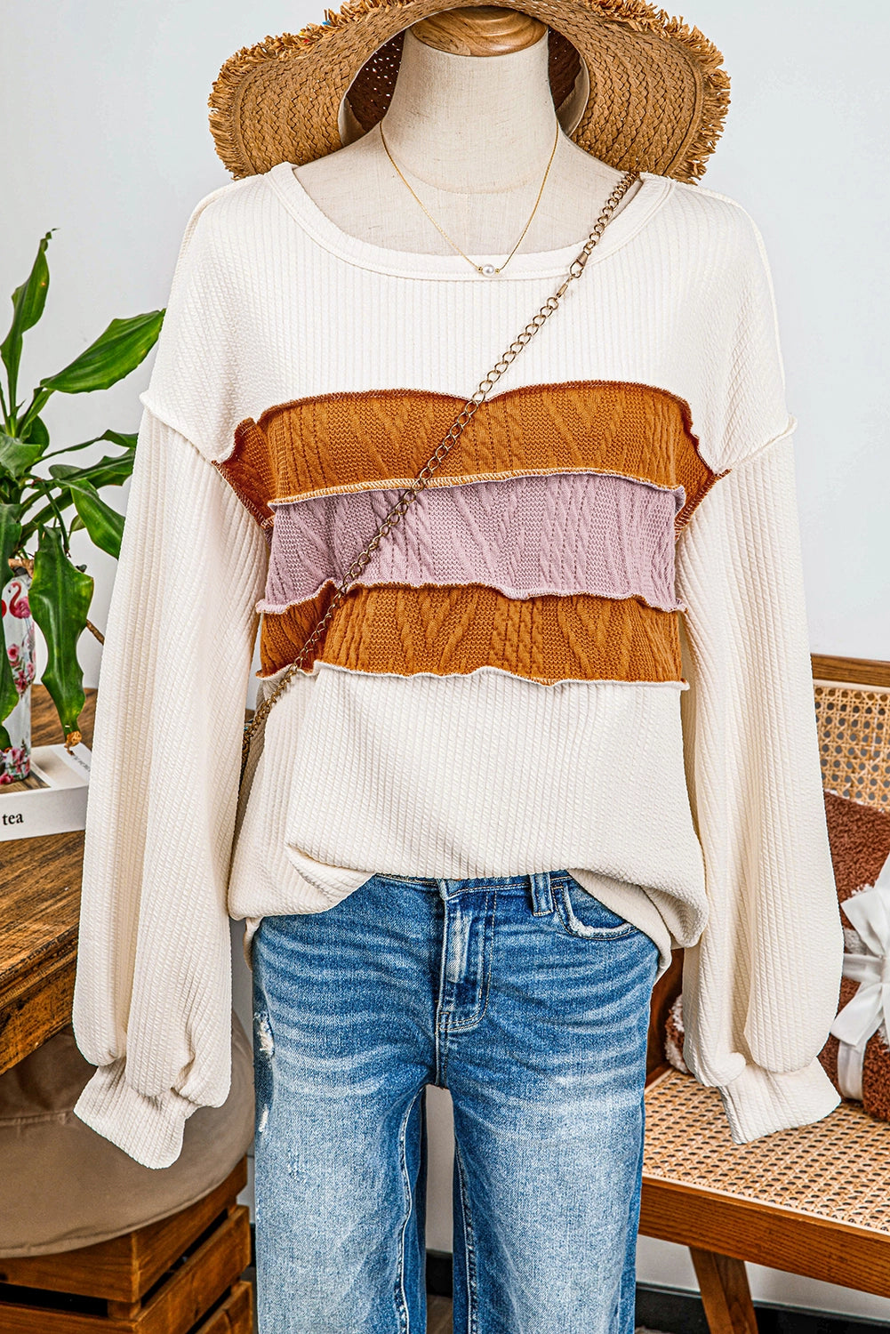Fashion-W Corded Exposed Seam Knit Patchwork Drop Sleeve Top