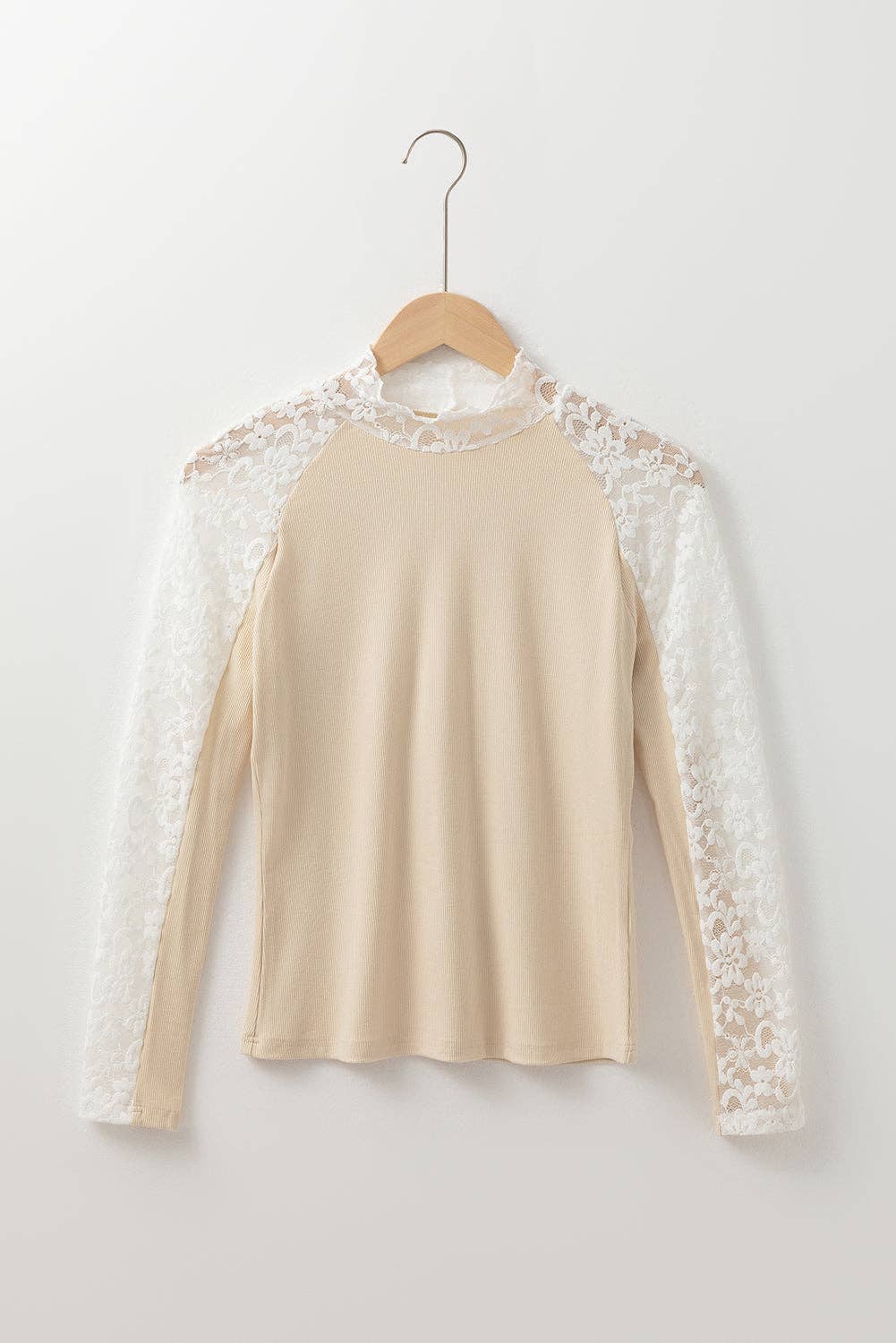 PRETTY BASH Floral Lace Patchwork Long Sleeve Mock Neck Top