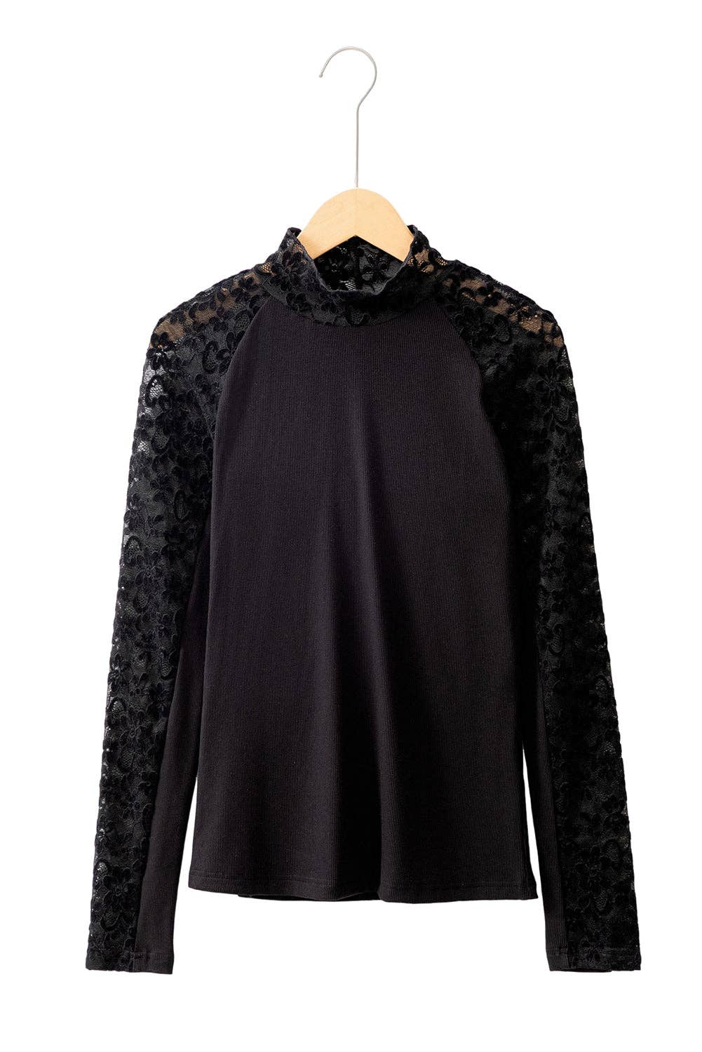 PRETTY BASH Floral Lace Patchwork Long Sleeve Mock Neck Top