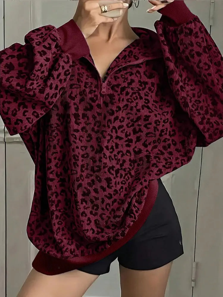 Leopard Corduroy Sweatshirt Streetwear Oversized Half Zip