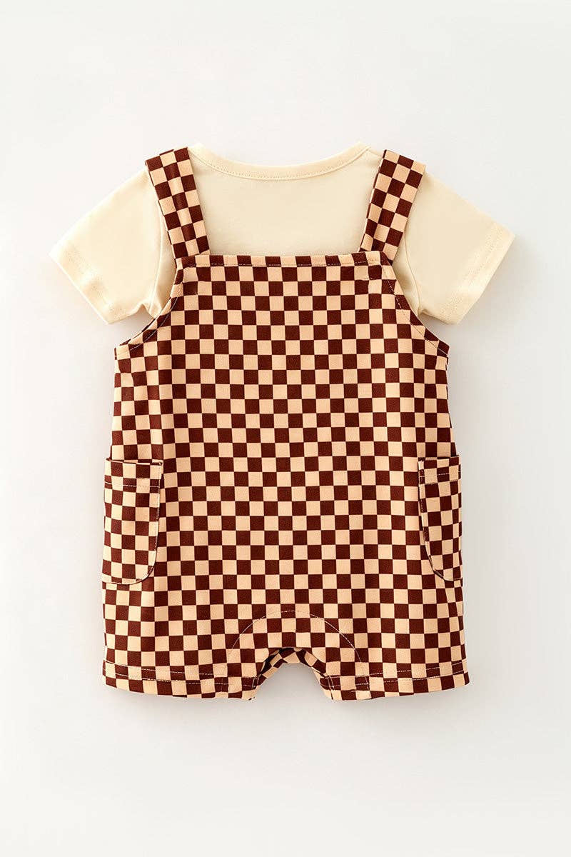 Ivory & brown checkered jumpsuit with applique and t-shirt included. . RPB60670 AMY