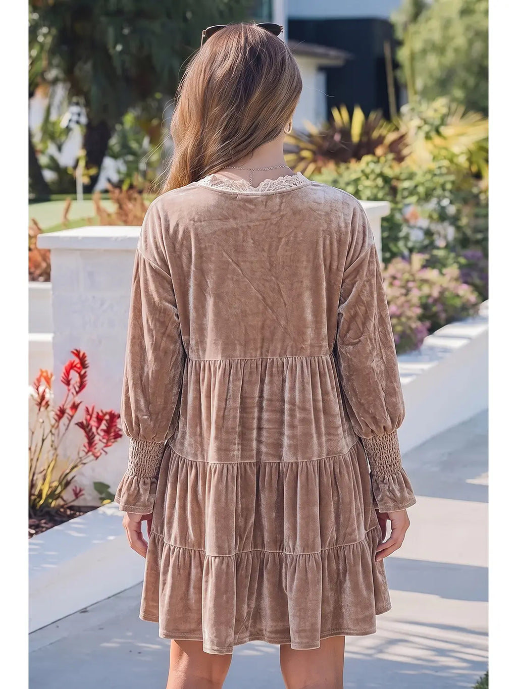 Solid Color V Neck Velvet Tiered Long Sleeve Dress  Please allow 7-14 days to ship