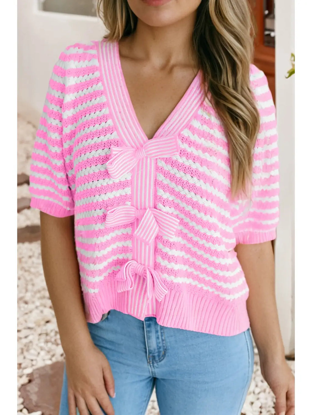 Ldc Sleeve Knit Contrast Trim V Neck Bow Knot Front Sweater