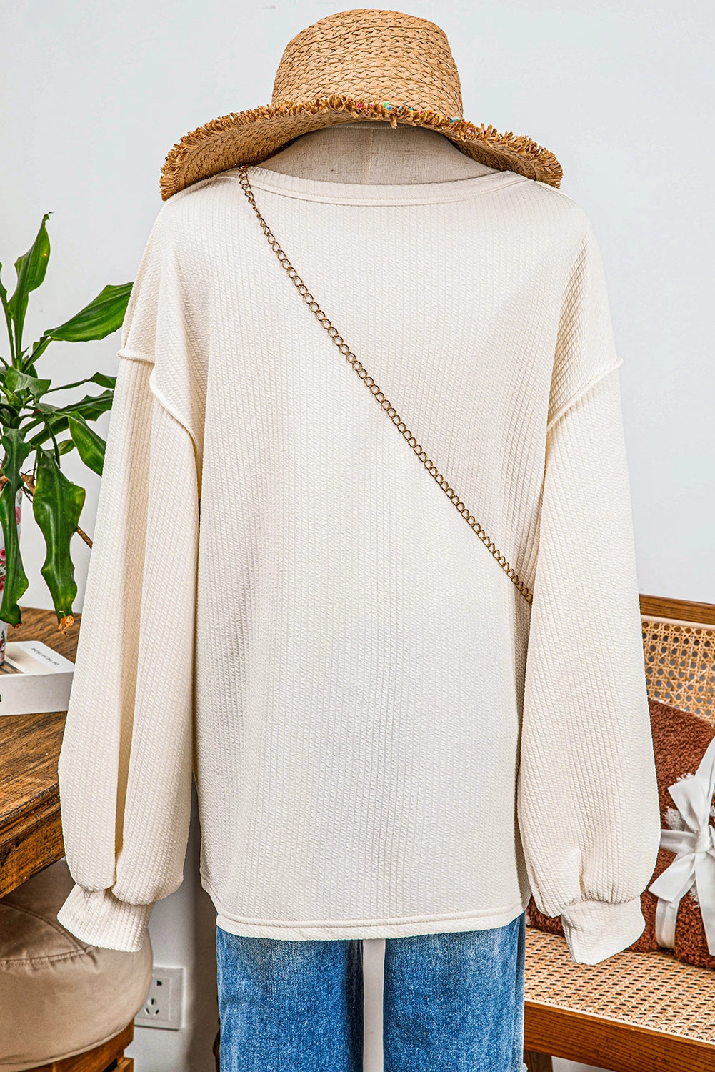 Fashion-W Corded Exposed Seam Knit Patchwork Drop Sleeve Top