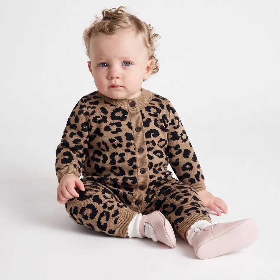 Leopard Baby Knit Button Romper