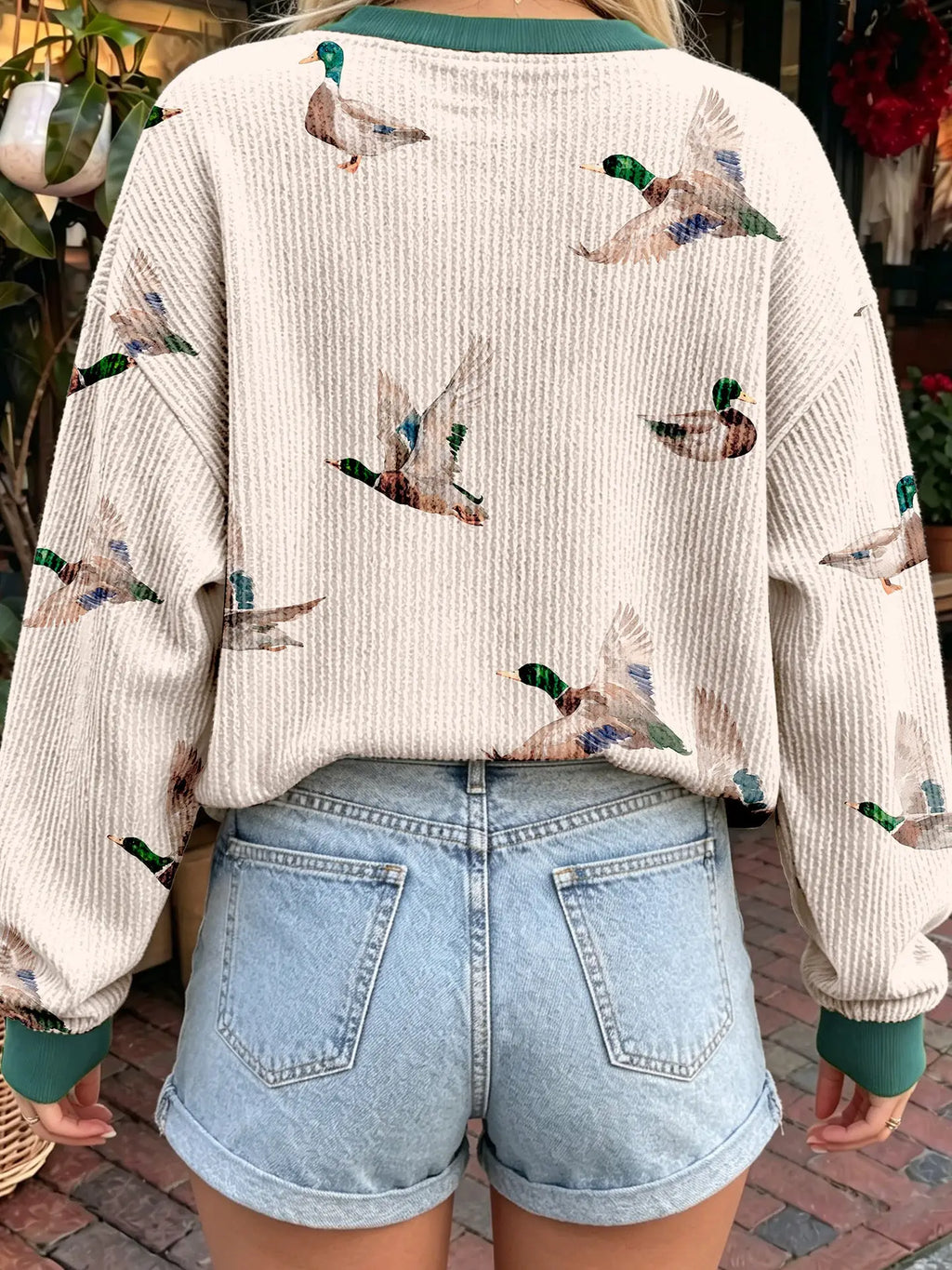 Beige Twisted Ribbed Duck Print Crewneck Casual Pullover Top