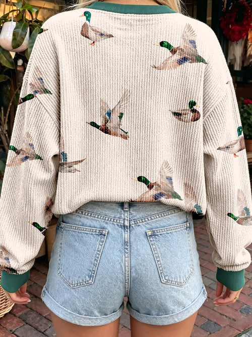 Beige Twisted Ribbed Duck Print Crewneck Casual Pullover Top