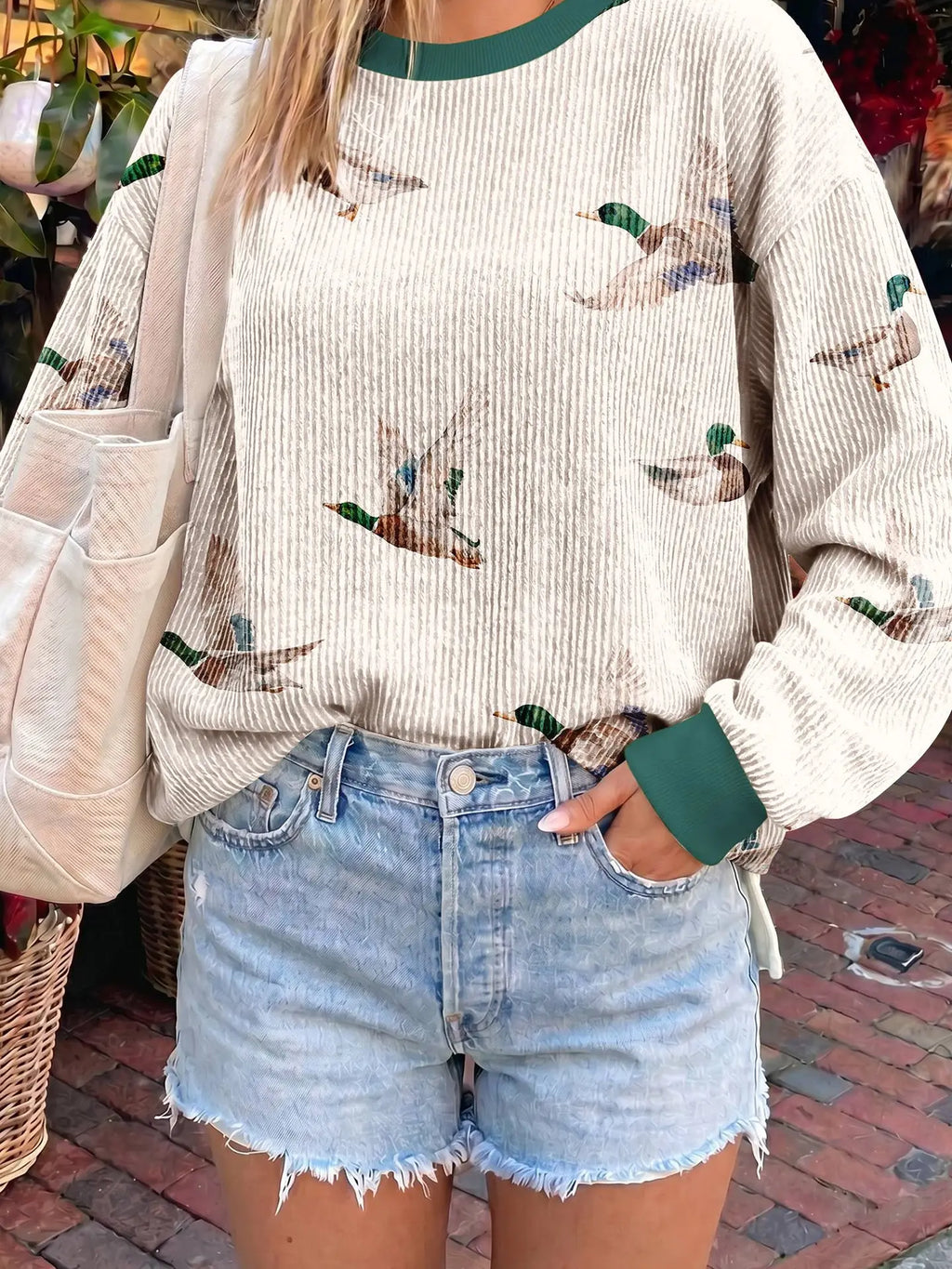 Beige Twisted Ribbed Duck Print Crewneck Casual Pullover Top