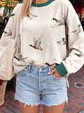 Beige Twisted Ribbed Duck Print Crewneck Casual Pullover Top