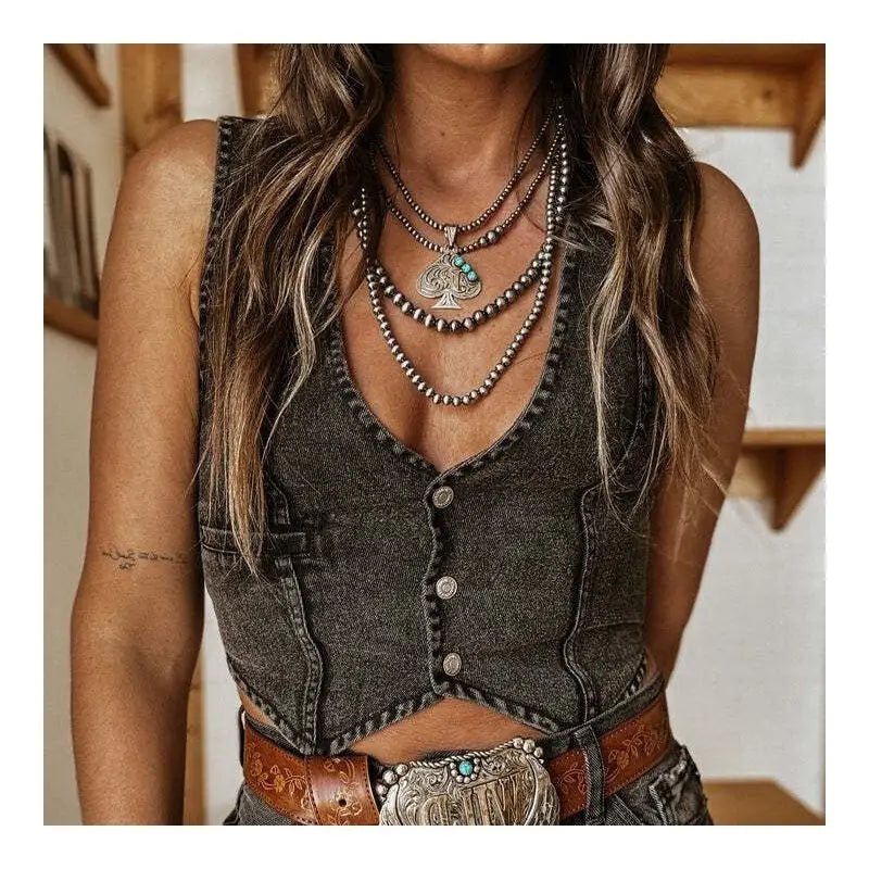 Sleeveless V-Neck Denim Vest in Solid Color