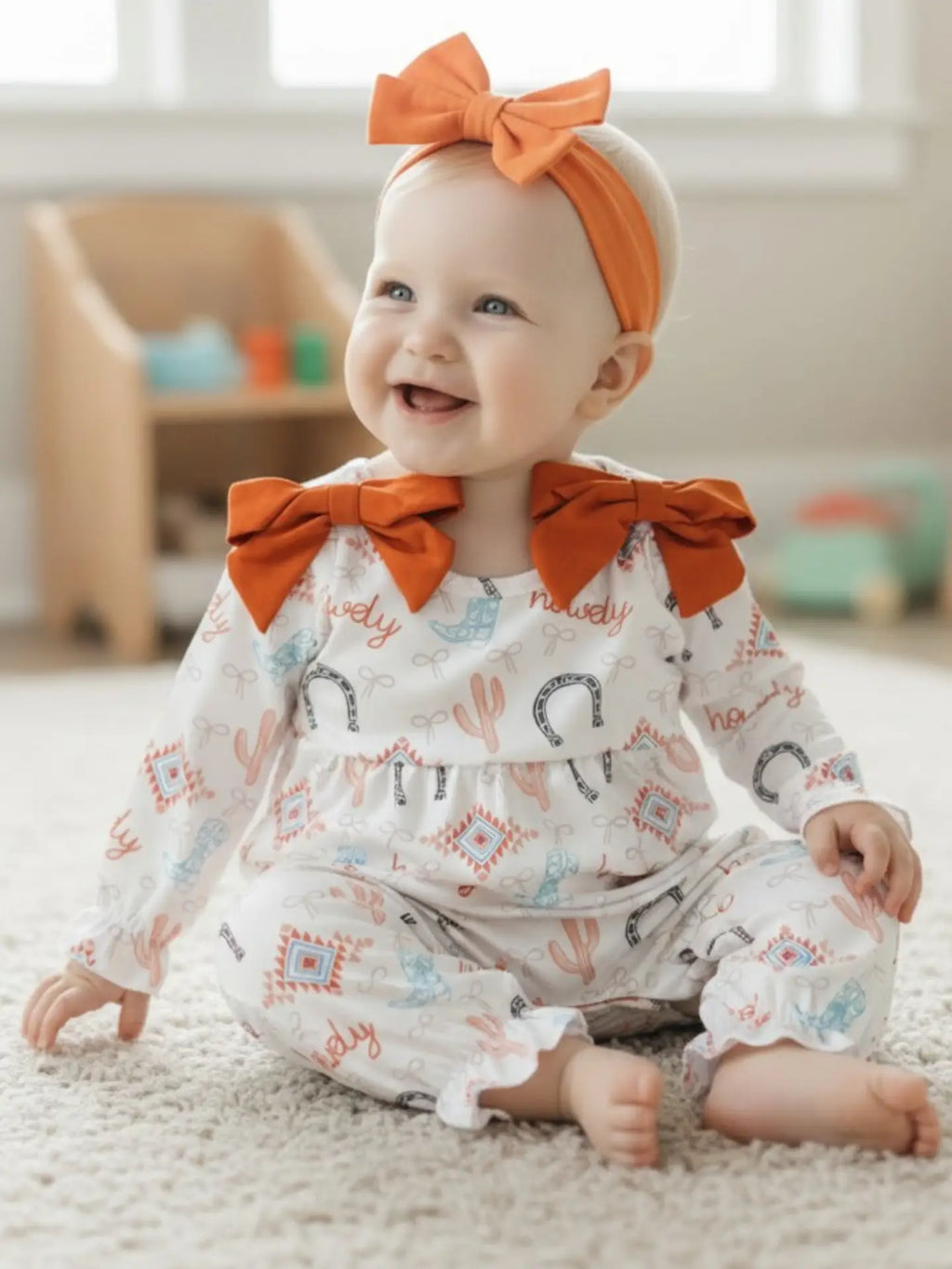Howdy" Printed Girls Baby Romper W/Rust Side Bows.

________________