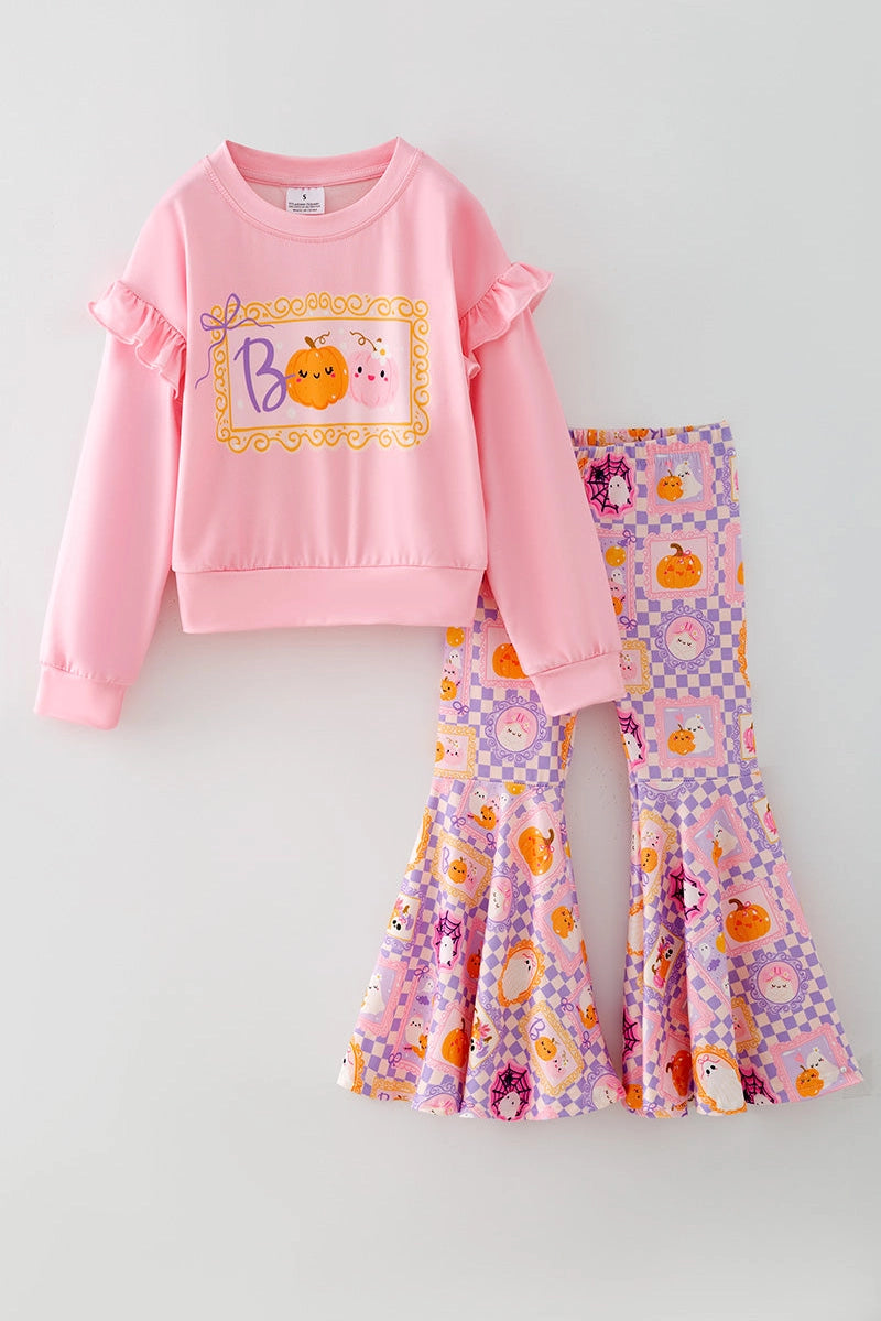 Boo" Pink Sweatshirt with Checkered Bell Bottoms.