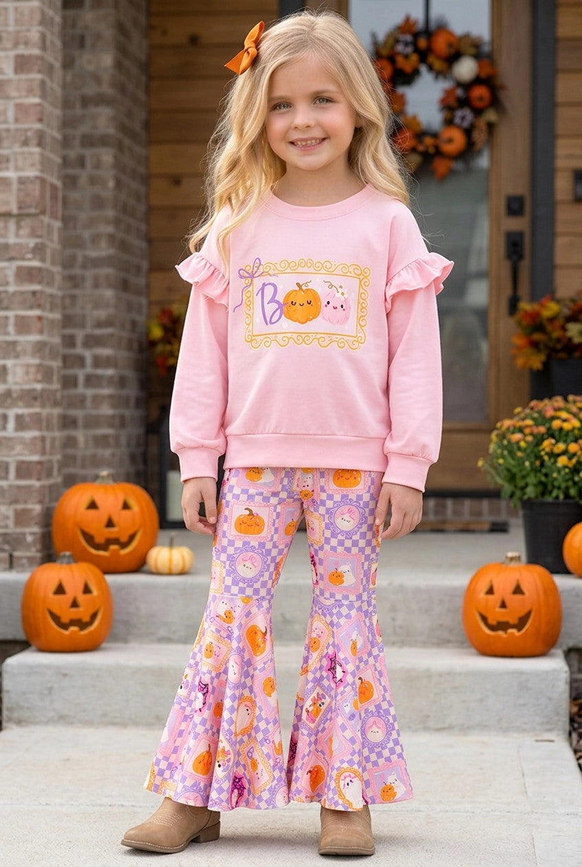 Boo" Pink Sweatshirt with Checkered Bell Bottoms.