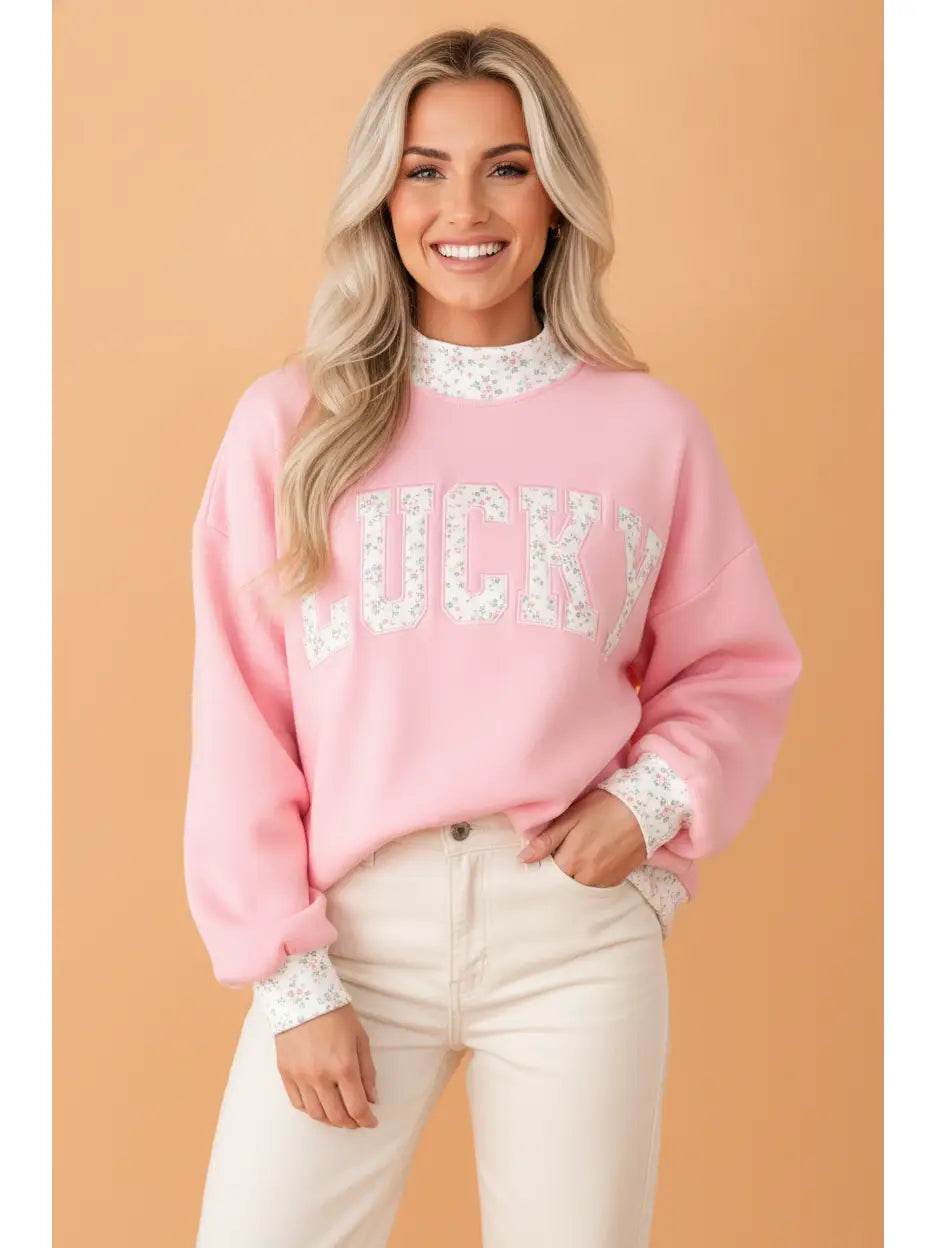 PRETTY BASH Lucky Floral Patch Mock Neck Sweatshirt