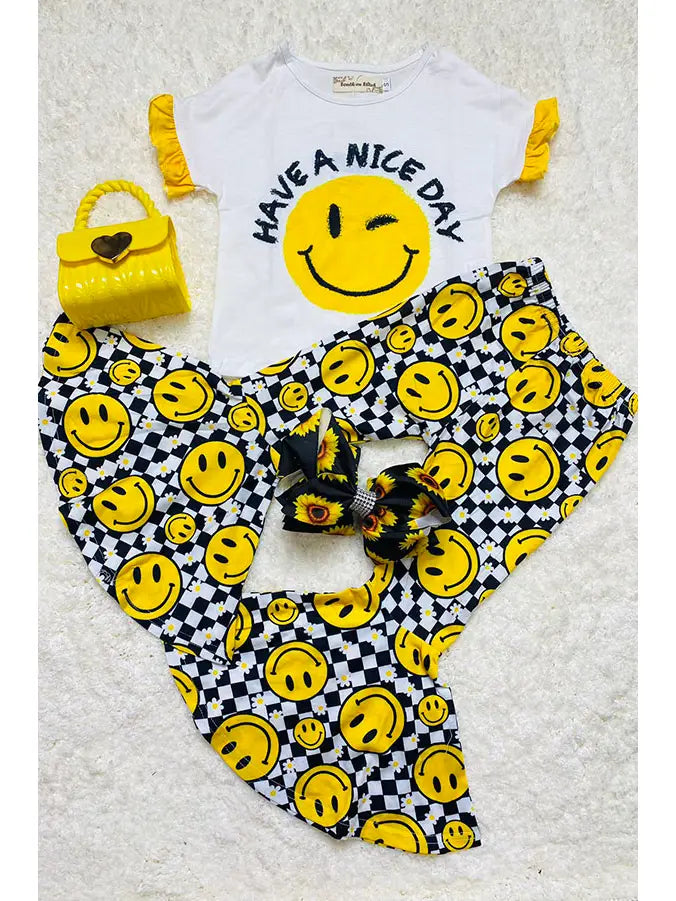 Summer Yellow Smile Face Pant 2pc Girls Clothing Sets
