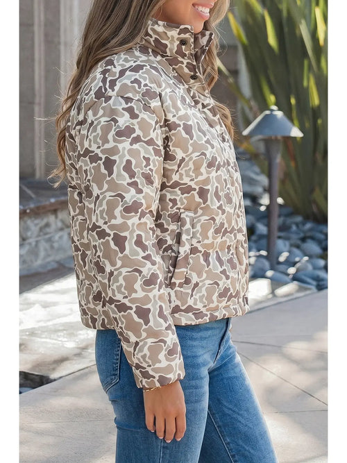 Camo Quilted Metal Button Collar Long Sleeve Puffer Coat