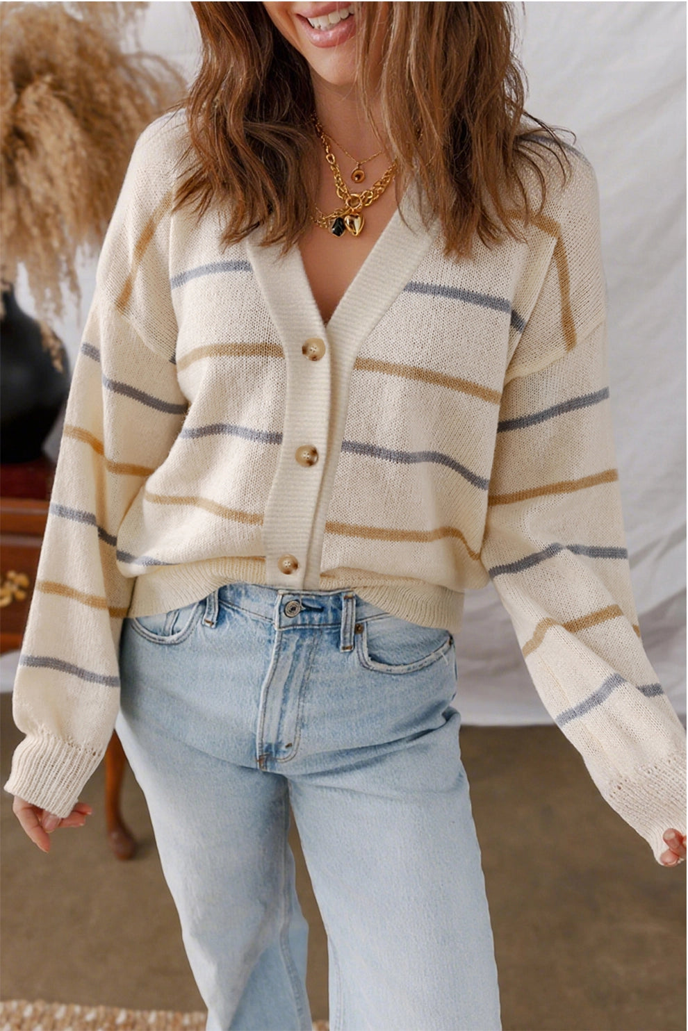 Ldc Striped Buttoned V Neck Cardigan Sweater |
