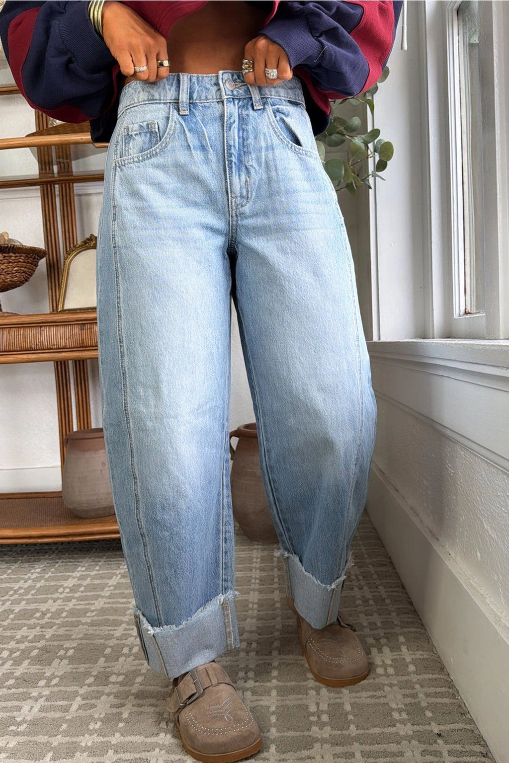 Ldc Raw Hem Turnup Loose Ankle-Length Jeans