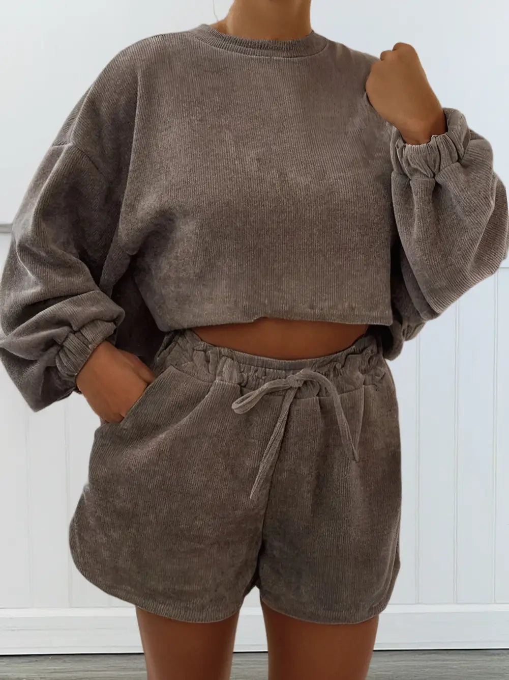 Las Textured Knit Pullover Drawstring Shorts Sets (S-Xl)
