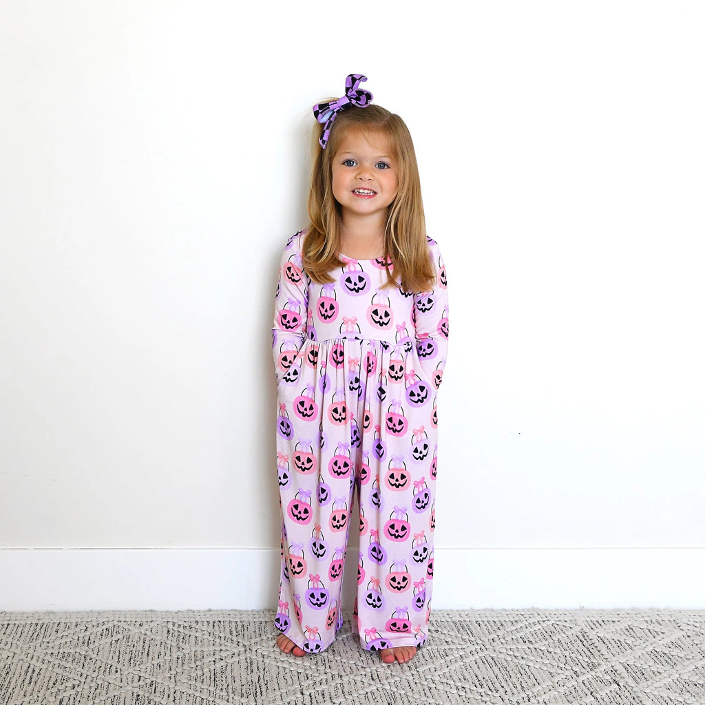 Emmy Wide Leg Romper Bamboo Halloween Pumpkins Kids Outfit