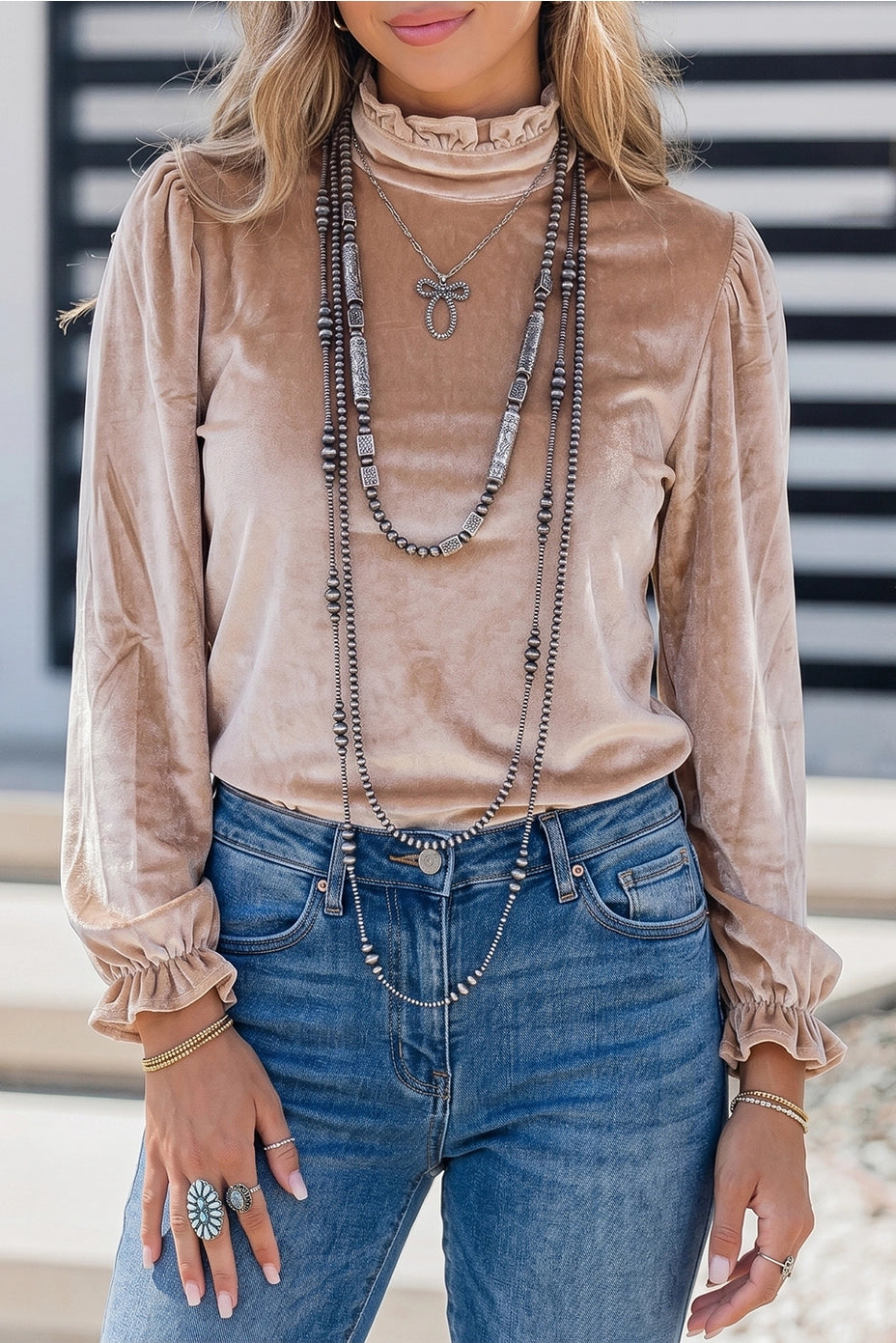 Ruffled Neck Long Sleeve Velvet Western Pullover Top