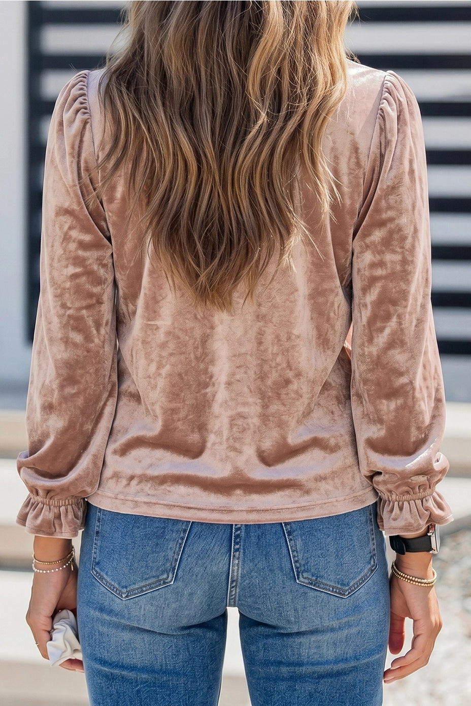 Ruffled Neck Long Sleeve Velvet Western Pullover Top