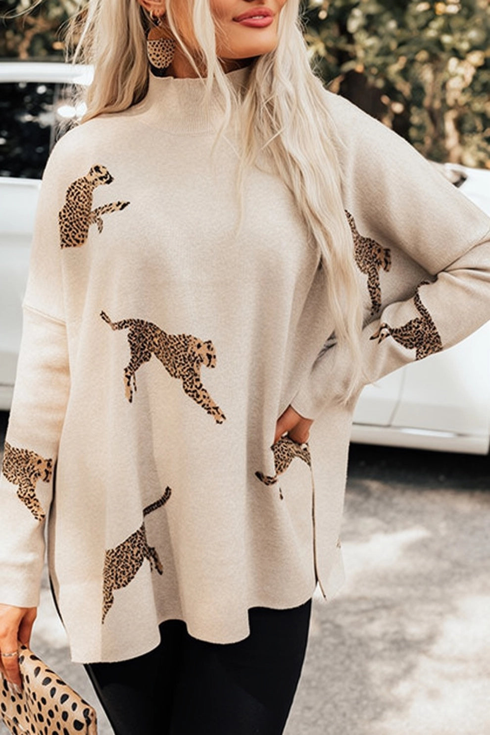 Cheetah Print High Neck Split Hem Sweater