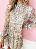 Floral Print Tiered Frilled Shirred Mock Neck Mini Dress