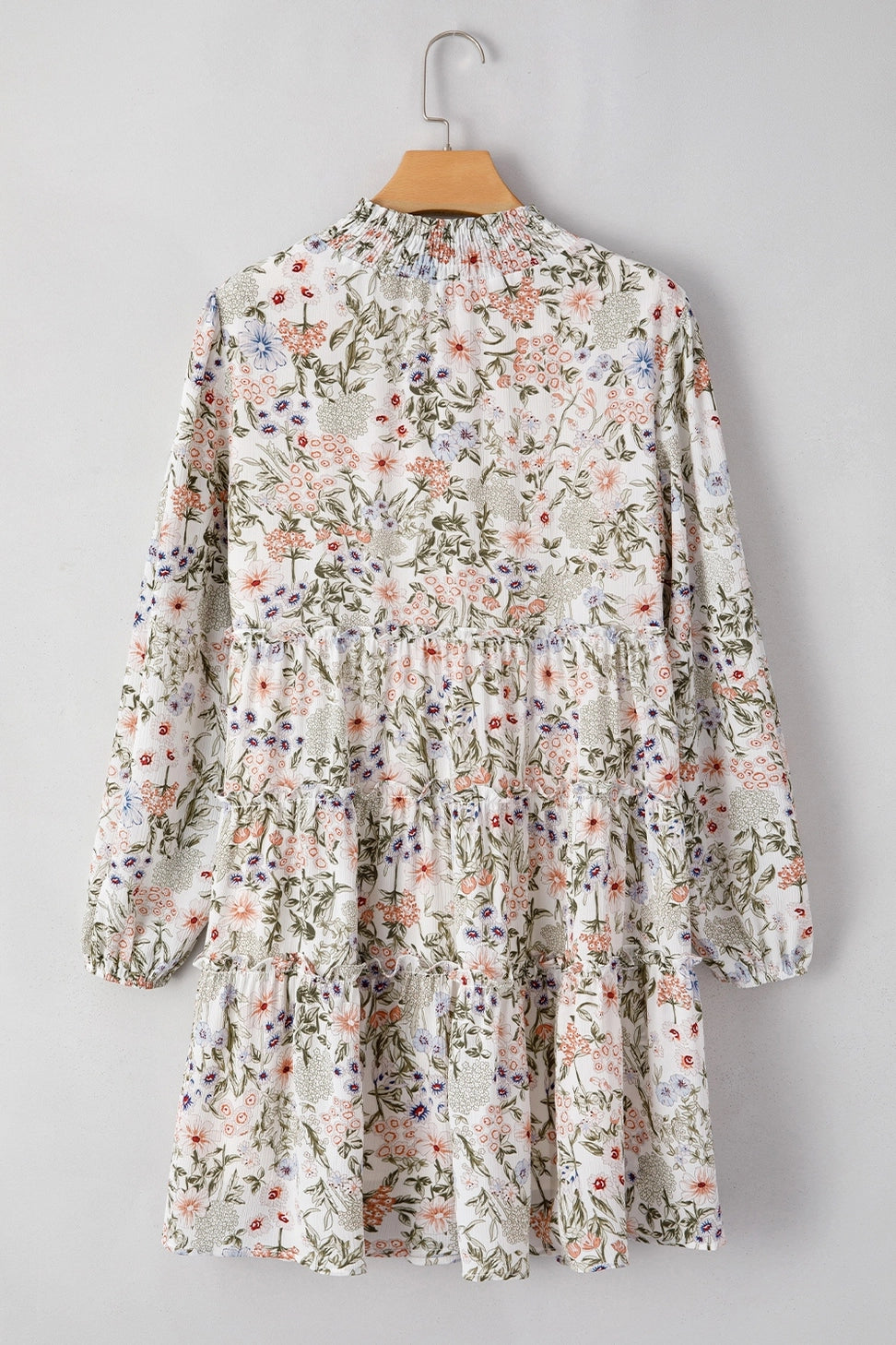 Floral Print Tiered Frilled Shirred Mock Neck Mini Dress