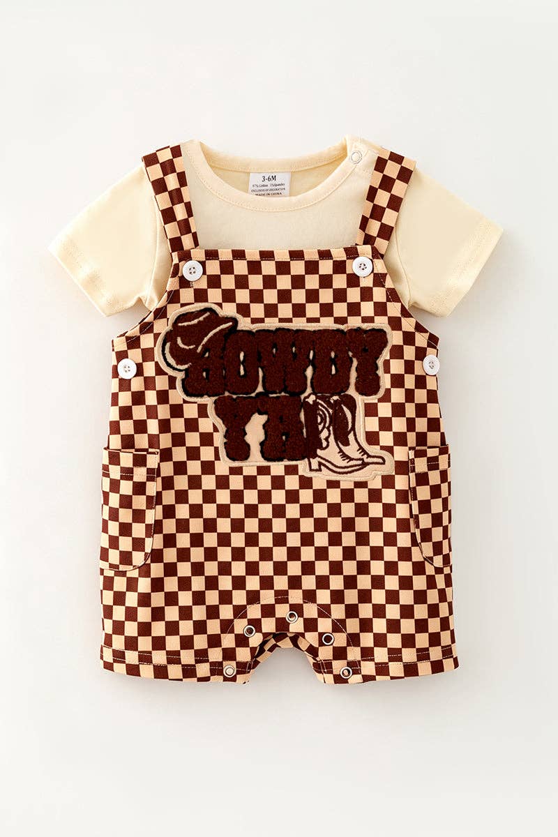 Ivory & brown checkered jumpsuit with applique and t-shirt included. . RPB60670 AMY