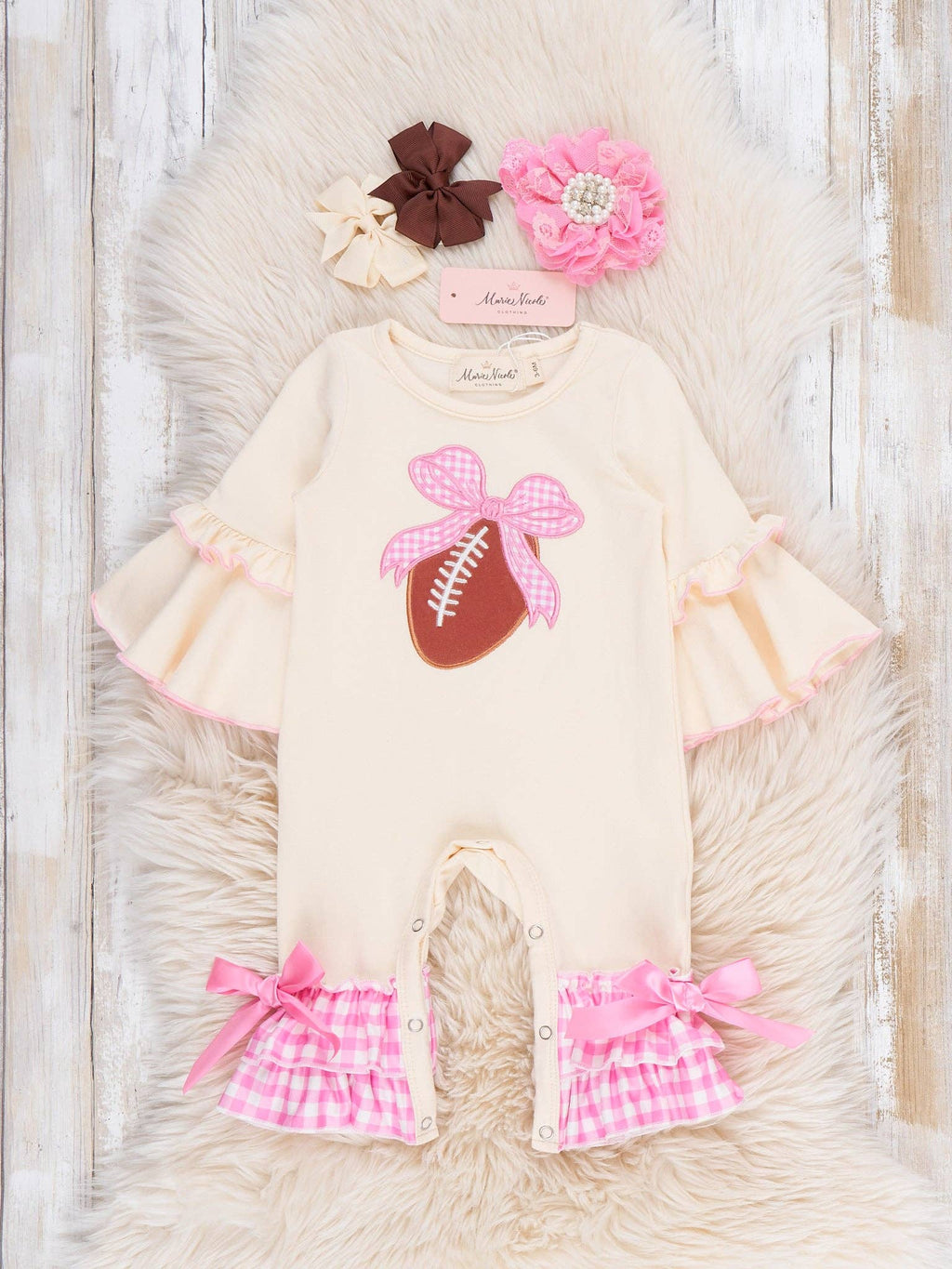 Touchdown Bow Embroidered Gingham Ruffle Romper