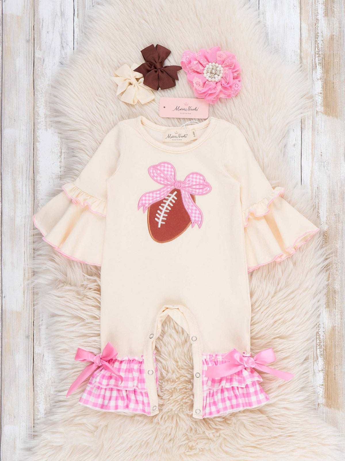 Touchdown Bow Embroidered Gingham Ruffle Romper